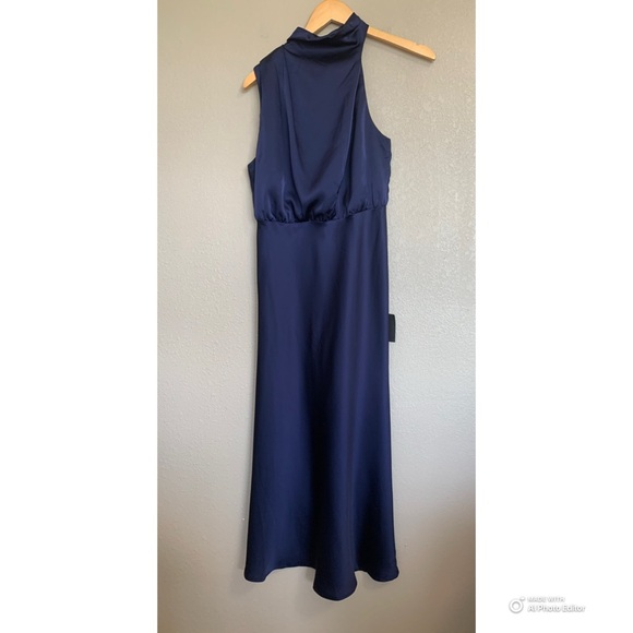 Lulus Medium Distinctive Charm Navy Blue Satin Asymmetrical Midi Dress NWT - Picture 3 of 17